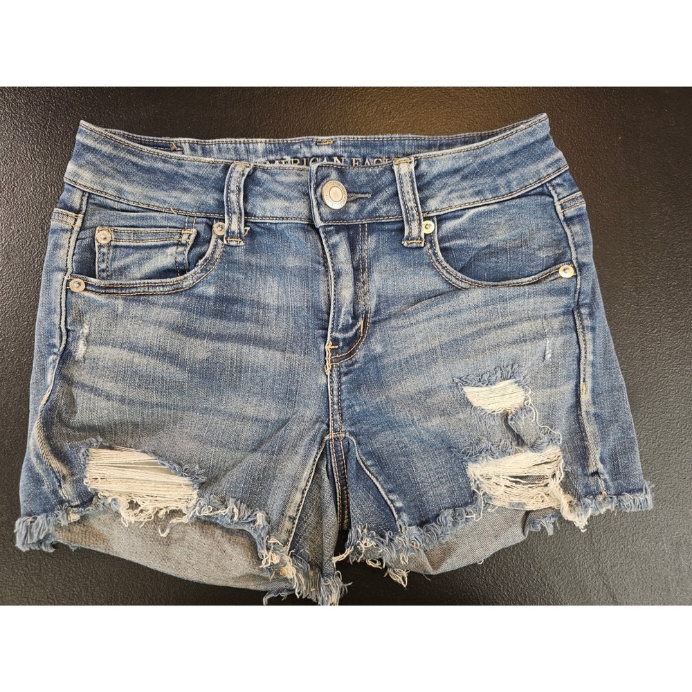 American Eagle Distressed Cut Off Denim Shorts 4 Blue Next Level Stretch #719